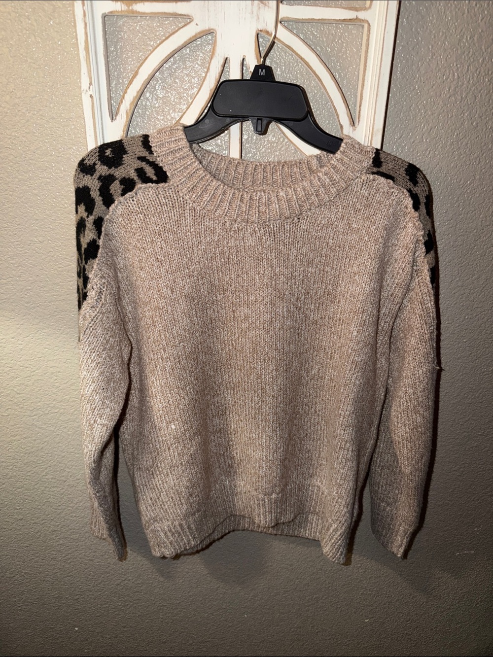 Leopard-Accent Knit Sweater - Taupe